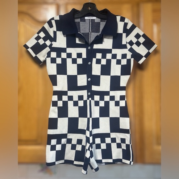 Peppermayo Navy Blue and White Checkered Romper 70's Vibe S/M - Picture 2 of 9